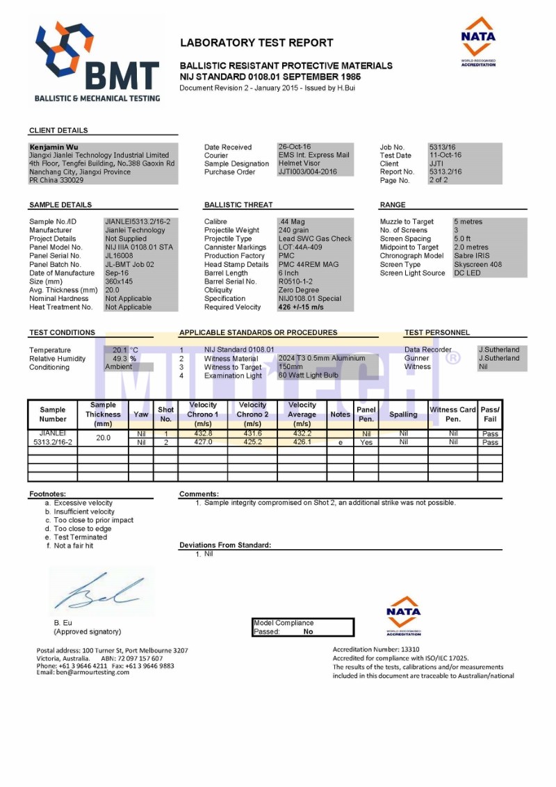 Ballistic Visor BMT NIJ IIIA 0108.01 Test Report 2